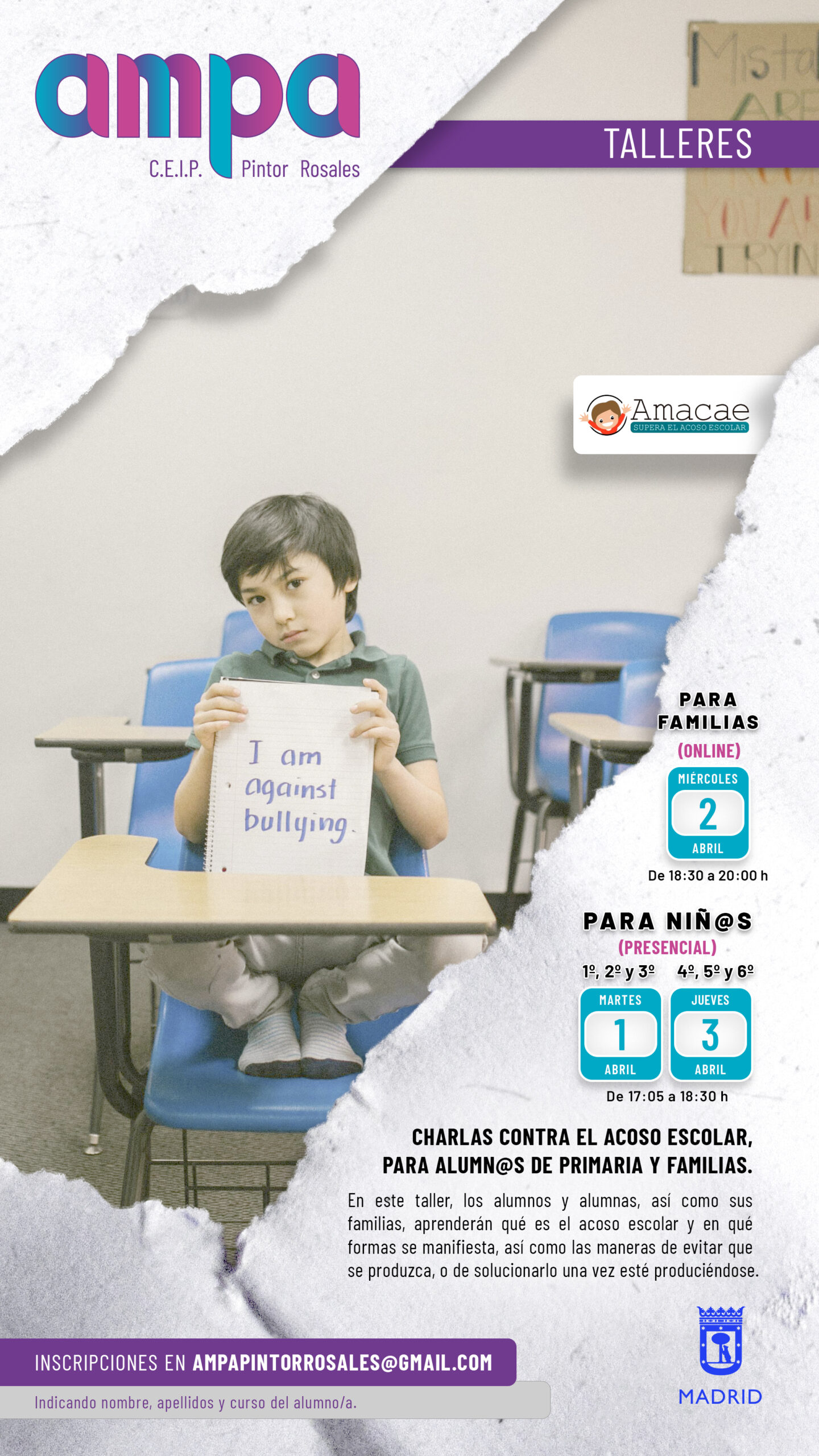 Cartel talleres contra acoso escolar